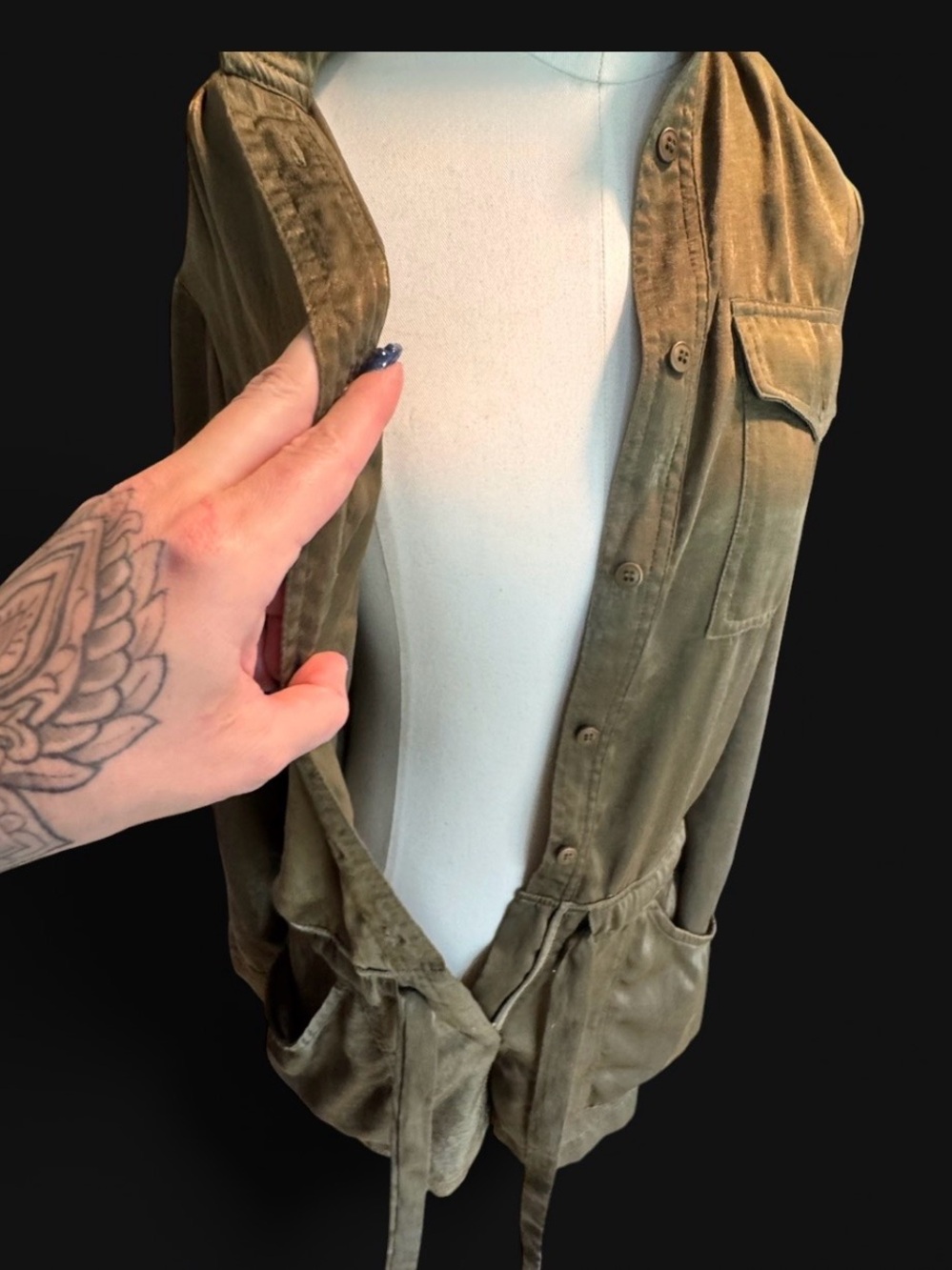 MAAC Olive Utility Drawstring/ long ties and zipper Romper silky material size s - Picture 9 of 13